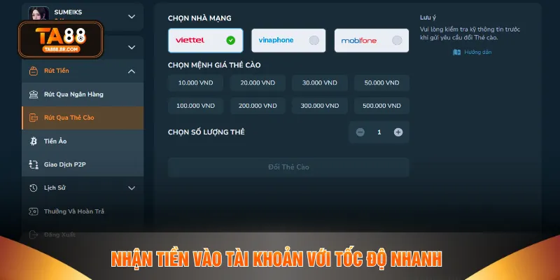 Nhận tiền vào tài khoản với tốc độ nhanh